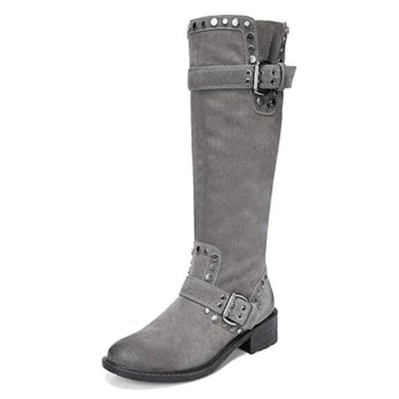XYD Grey High Boots Rivets Studded Double Buckles Mid Chunky Round Toe Shoes